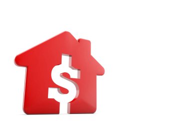 Dolar sembolü olan kırmızı bir ev. Konut fiyat kavramı. 3d Rend