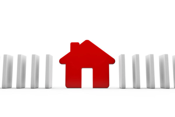 Ряд домино с красным домом. Концепция жилья. 3D рендеринг

