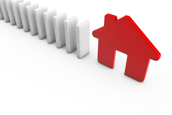 Ряд домино с красным домом. Концепция жилья. 3D рендеринг
