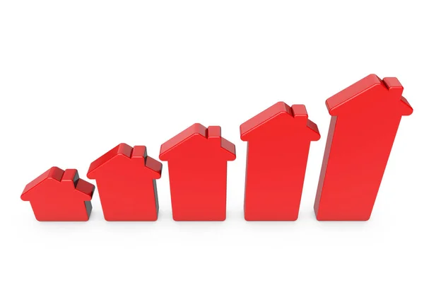 Fila de casas vermelhas aumentando de tamanho. Conceito de gráfico de habitação. 3D — Fotografia de Stock
