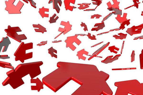 Группа красных домов падает на белом фоне. 3D Ренессанс
