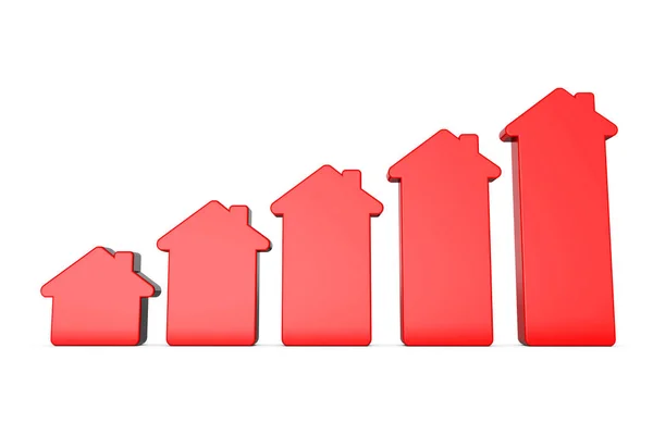 Rząd czerwonych domów rośnie w rozmiarze. Koncepcja wykresu mieszkaniowego. 3d — Zdjęcie stockowe