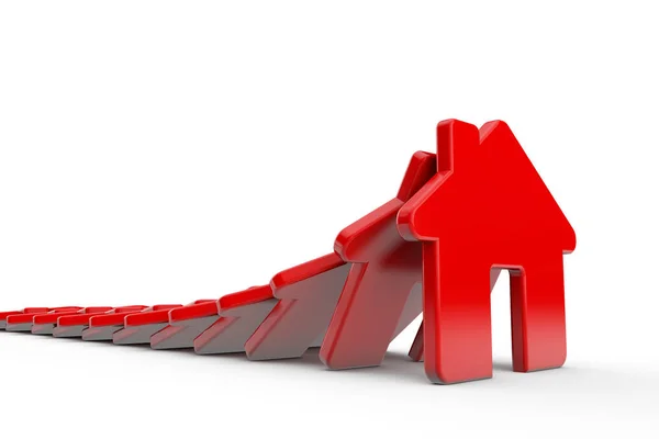 Uma fila de casas vermelhas a cair como dominós. Problemas de habitação — Fotografia de Stock