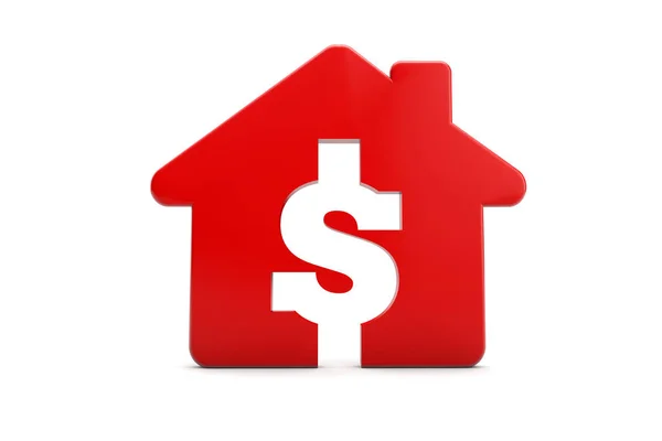 Una casa rossa con un simbolo da un dollaro. Concetto di prezzo delle abitazioni. Rend 3D — Foto Stock