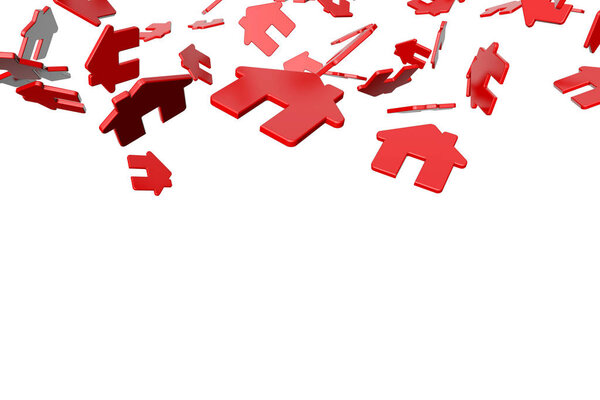 Группа красных домов падает на белом фоне. 3D Ренессанс
