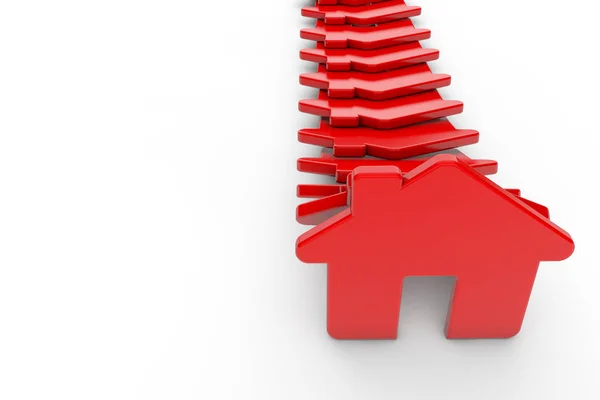 Een rij rode huizen die vallen als Dominos. Huisvestingsprobleem concep — Stockfoto