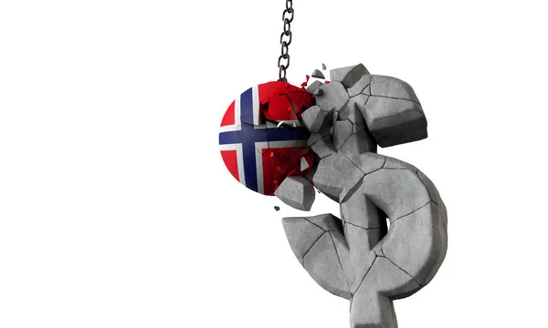 Norwegia flaga piłkę Smashing symbol dolara amerykańskiego waluty. Renderowanie 3D — Zdjęcie stockowe