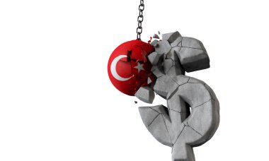 Türkiye bayrak topu bir Abd doları para sembolü parçalıyor. 3d Render