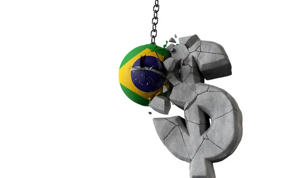 Мяч с флагом Бразилии разбивает символ доллара США. 3D Render — стоковое фото