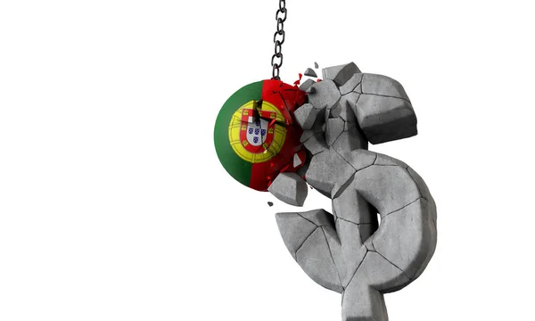 Der portugiesische Fahnenball zertrümmert ein US-Dollar-Währungssymbol. 3D-Darstellung — Stockfoto