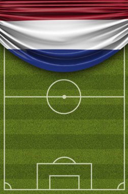 Hollanda ülke bayrağı bir futbol sahası üzerine dökümlü. 3d
