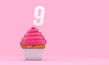 9 numara pembe doğum günü kutlaması keki. 3d Rendering