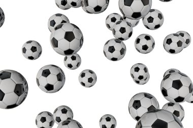 Düz beyaz bir arka plan üzerinde düşen futbol futbol topları. 3d Re