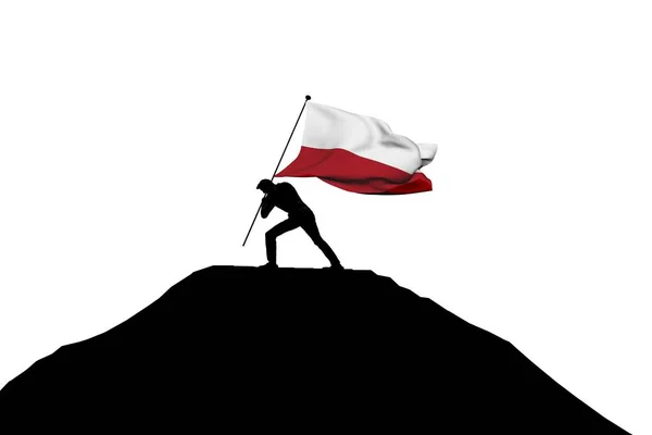 Bandeira da Polônia sendo empurrada para o topo da montanha por uma silhueta masculina . — Fotografia de Stock