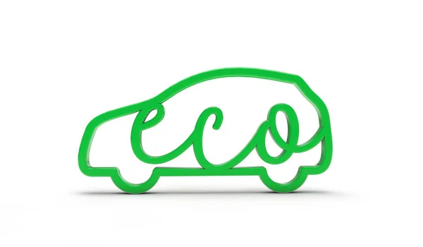 Zielony zarys samochodu. Koncepcja przyjaznego dla środowiska transportu. 3D Renderi — Zdjęcie stockowe