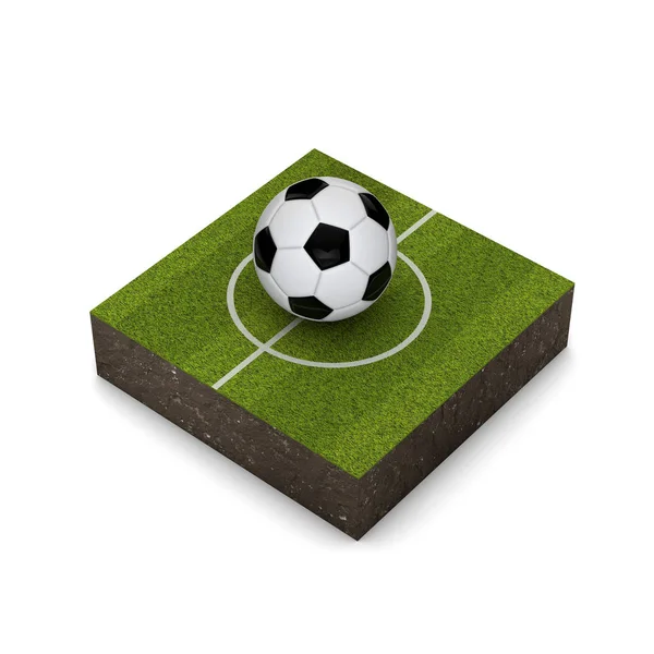 Fútbol en un campo de fútbol verde, ícono isométrico. Renderizado 3D — Foto de Stock