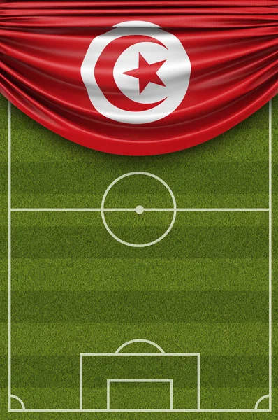 Tunisia country flag draped over a football soccer pitch. 3D Ren — Stock Photo, Image