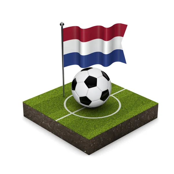 Niederländische Flagge Fußballkonzept. Fahne, Ball und Fußballplatz i — Stockfoto