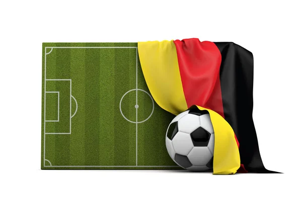 Deutschland Länderfahne drapiert über Fußballplatz und Ball — Stockfoto