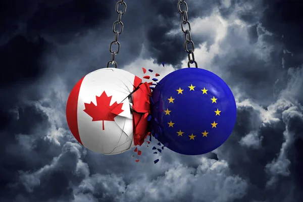 Flaga Kanady i piłki polityczne Unii Europejskiej Smash do każdego o — Zdjęcie stockowe