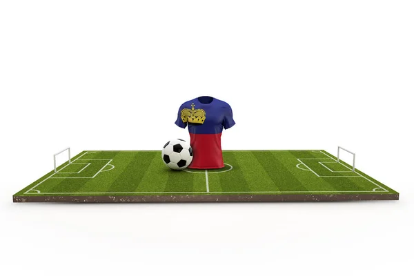 Camiseta de fútbol de Liechtenstein bandera nacional en un campo de fútbol. 3D — Foto de Stock