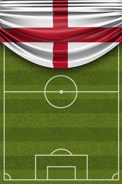 Státní vlajka Anglie přehozená přes fotbalové fotbalové hřiště. 3D Ren — Stock fotografie