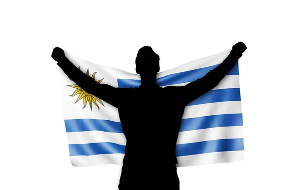 Manliga silhuett innehar Uruguay nationella flaggan. 3D-rendering — Stockfoto