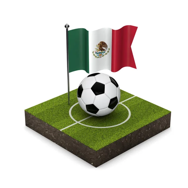 Mexico sjunker fotboll koncept. Flagga, boll och fotboll pitch ansträng — Stockfoto