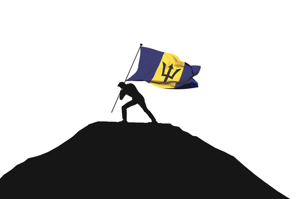 Barbados flag being pushed into mountain top by a male silhouett — Stock Photo, Image