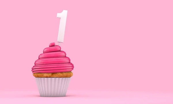 Nummer 1 rosa födelsedagsfirande cupcake. 3D-rendering — Stockfoto