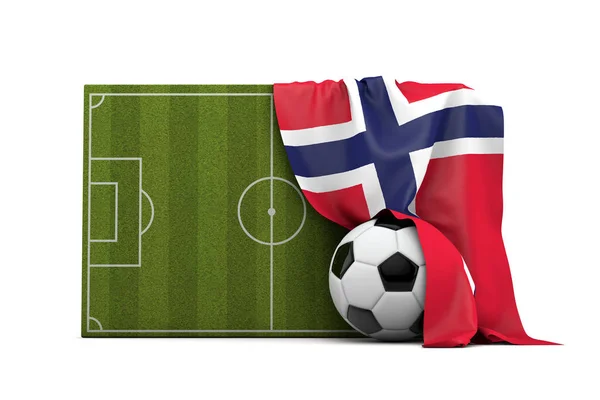 Drapeau de la Norvège drapé sur un terrain de football et un ballon — Photo