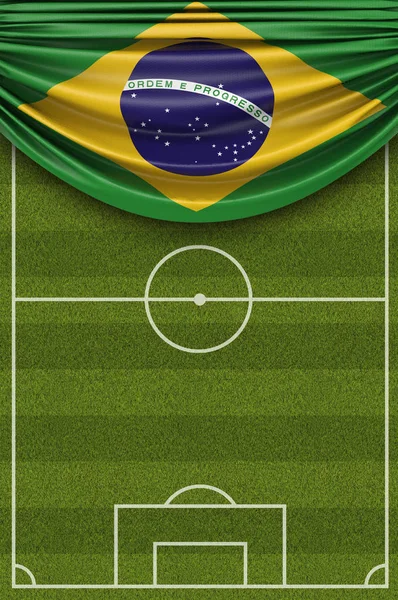Βραζιλία σημαία χώρα ντραπέ πάνω από ένα ποδοσφαιρικό γήπεδο ποδοσφαίρου. 3D rend — Φωτογραφία Αρχείου