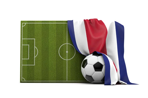 Costa Rica land vlag gedrapeerd over een voetbalvoetbal veld en — Stockfoto