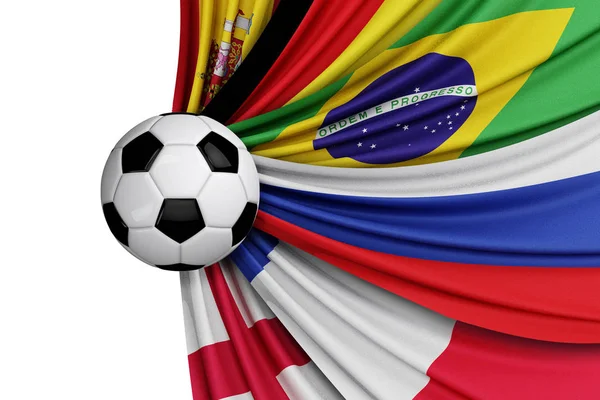 Национальные флаги мира с футбольным мячом. 3D рендеринг — стоковое фото