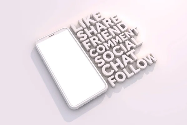 Sosyal medya anahtar kelimeleri ile Smartphone. 3d render — Stok fotoğraf