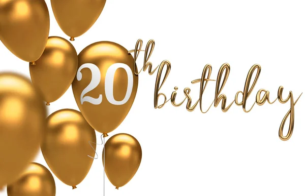 Χρυσό ευτυχισμένο 20th γενέθλια μπαλόνι χαιρετισμό φόντο. απόδοση 3D — Φωτογραφία Αρχείου