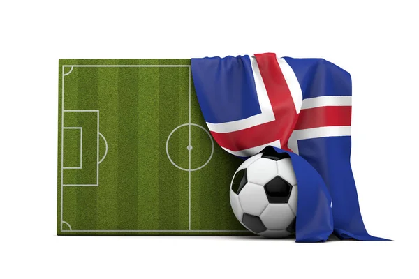 アイスランドの国旗はサッカーのピッチとバルの上にドレープ — ストック写真