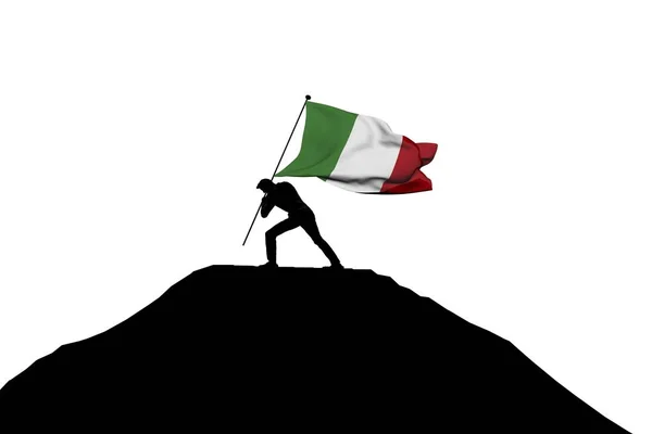 Italia bandiera spinta in cima alla montagna da una silhouette maschile . — Foto Stock