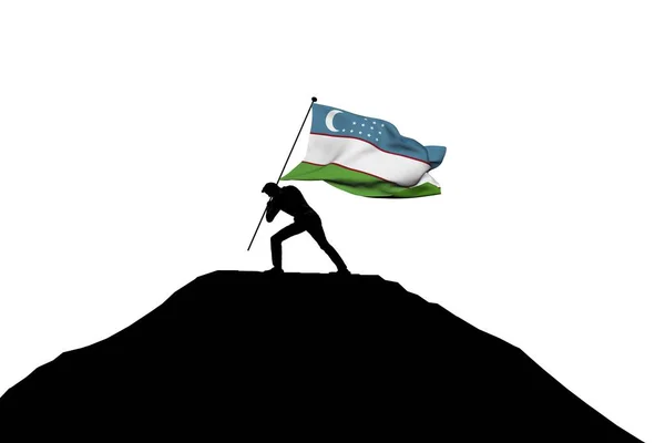 乌兹别克斯坦国旗被一名男性西尔胡伊推入山顶 — 图库照片