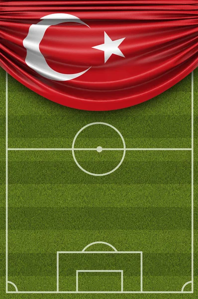 Drapeau de la Turquie drapé sur un terrain de football. Rend 3D — Photo