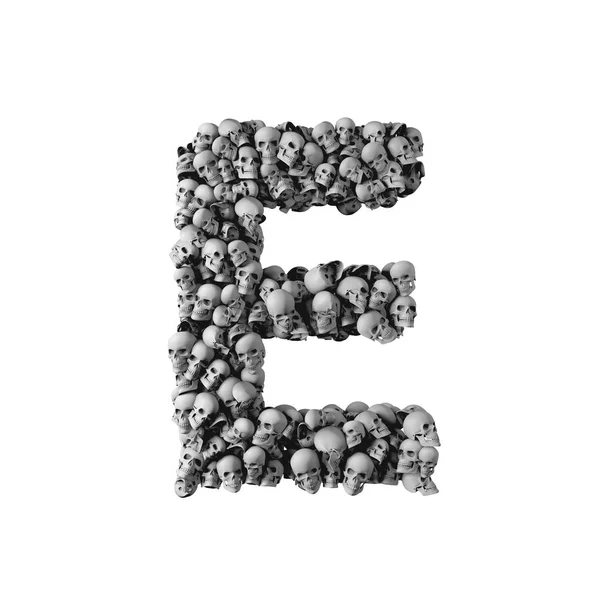 Schedel lettertype letter E. brief gemaakt van veel schedels. 3D Renderi — Stockfoto