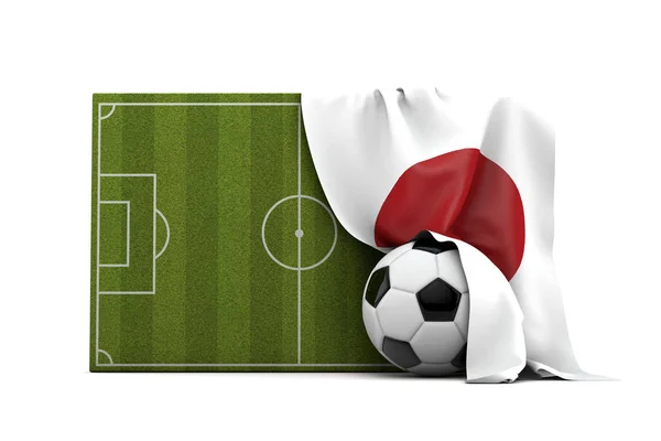 Japanische Flagge über Fußballfeld und Ball drapiert. — Stockfoto