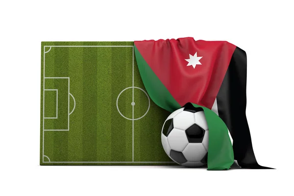 Giordania bandiera paese drappeggiato su un campo da calcio e palla da calcio — Foto Stock