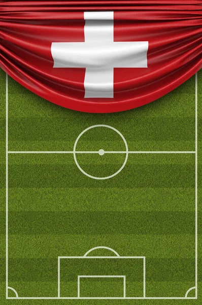 Zwitserland vlag gedrapeerd over een voetbalvoetbal veld. 3d — Stockfoto