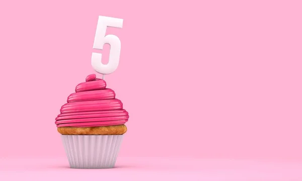Nummer 5 rosa födelsedagsfirande cupcake. 3D-rendering — Stockfoto