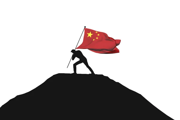 Čínská vlajka je tlačována na vrchol hory mužskou siluetou. — Stock fotografie