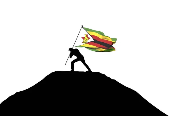 Bandiera dello Zimbabwe spinta in cima a una montagna da un silhouett maschio — Foto Stock