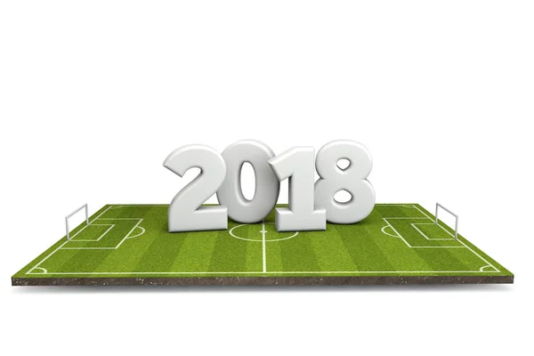 Футбол, футбольное поле с белым текстом 2018 года. 3D рендеринг — стоковое фото