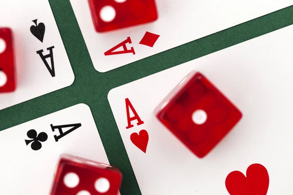 Poker cards and dice on a green background.