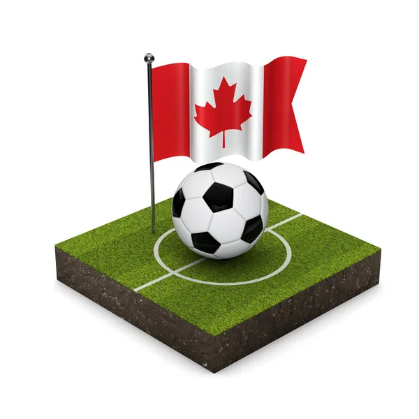 Canadá bandera concepto de fútbol. Isometa de bandera, pelota y campo de fútbol —  Fotos de Stock